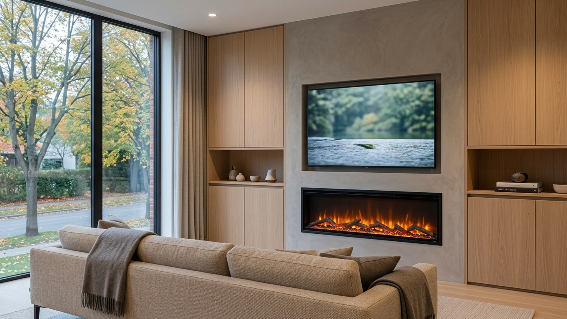 Dimplex Sierra 60 elektrinis židinys svetainei Dimplex Sierra 60 įmontuojamas elektrinis židinys po televizoriumi modernioje svetainėje