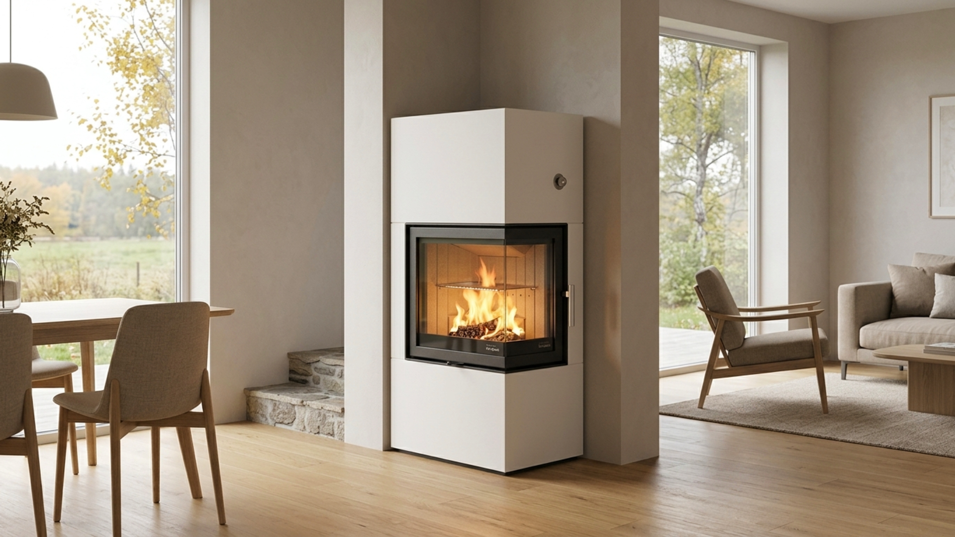 Nordpeis Salzburg S Corner akumuliacinė krosnis namams Nordpeis Salzburg S Corner akumuliacinė krosnis su kampiniu stiklu moderniame namų interjere