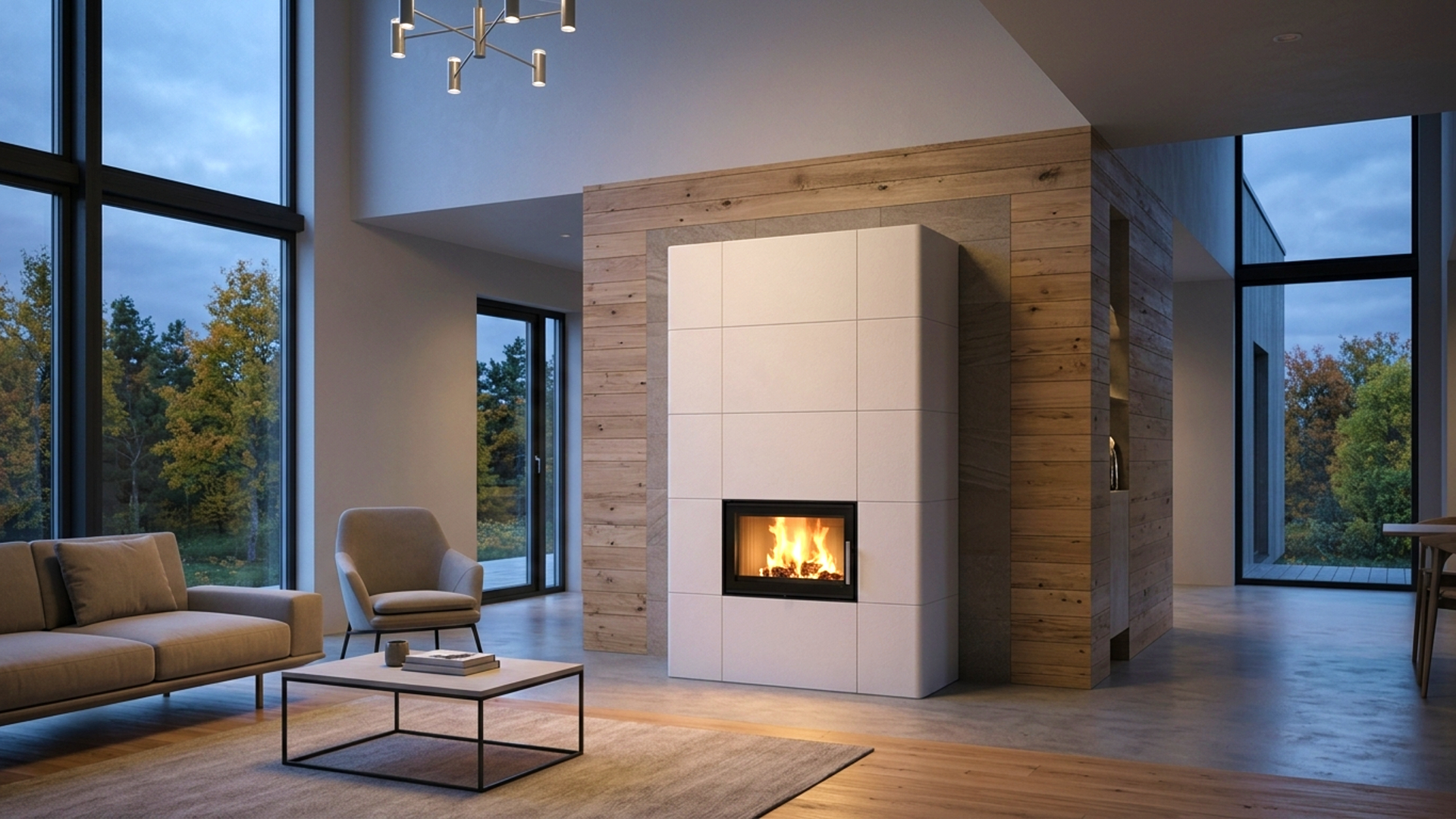 Nordpeis Salzburg XL akumuliacinė krosnis namų šildymui Didelė Nordpeis Salzburg XL akumuliacinė krosnis su šilumą kaupiančia mase modernioje svetainėje