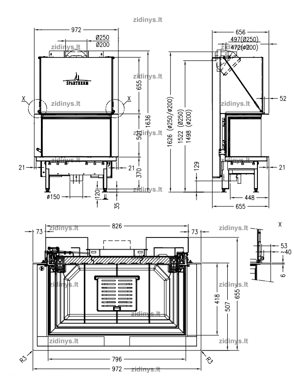 Židinio ugniakuras SPARTHERM Premium A-3RL-80h ø 200 mm 1